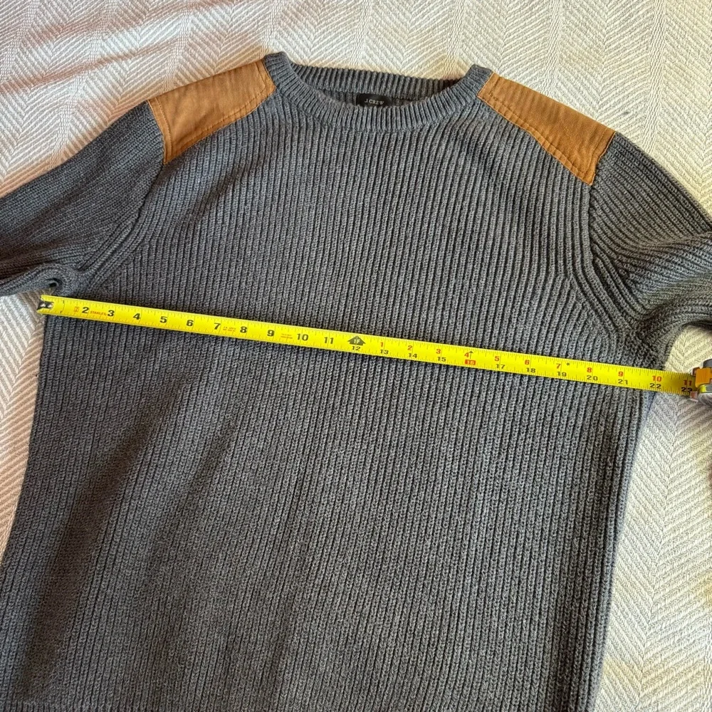 Men's J Crew Cotton Crewneck Sweater Genuine Leather‎ Patches Gray Size L